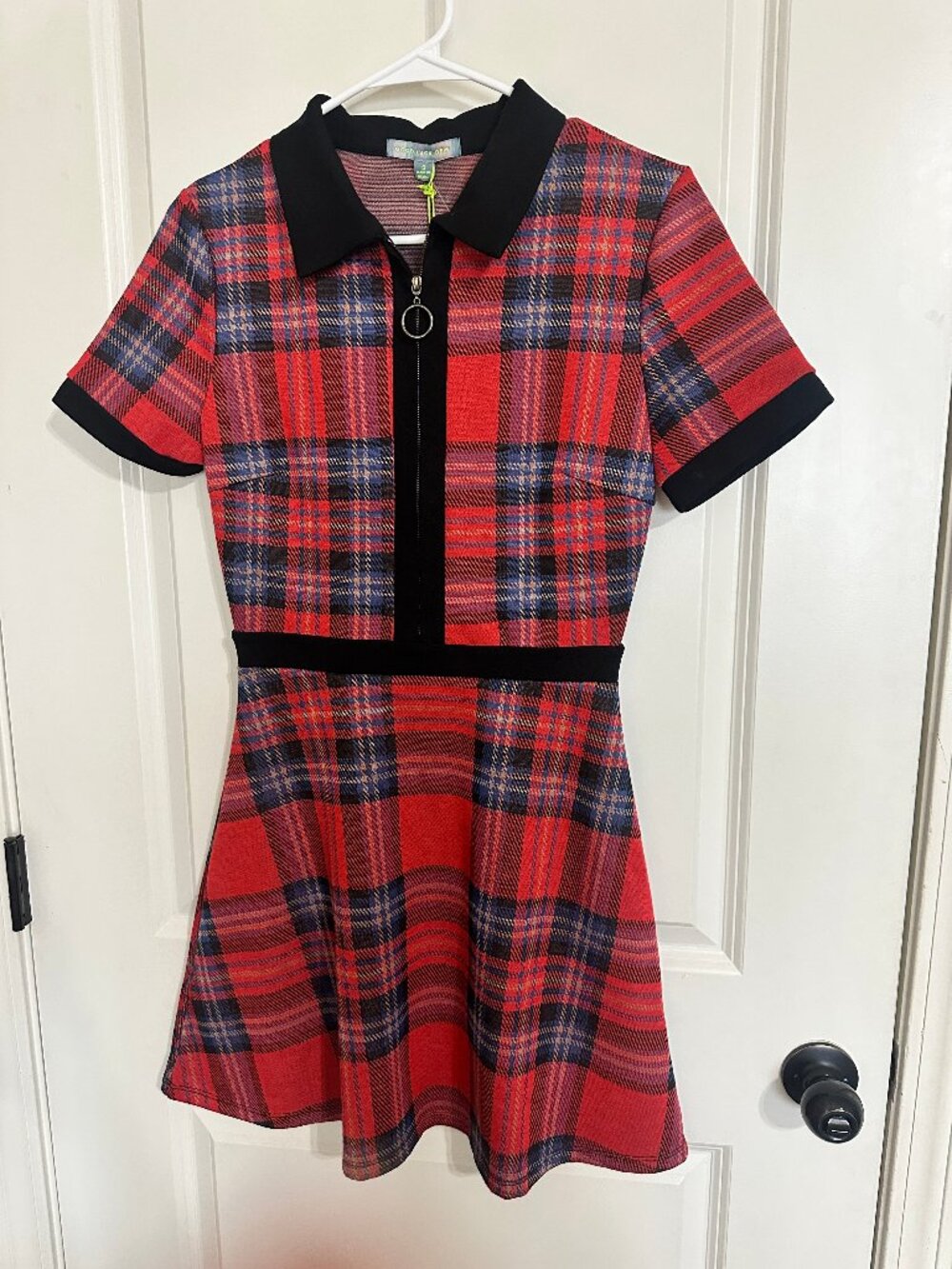 NWT Good Luck Gem Red Blue Plaid Zip Front Collared Mini Dress Size S